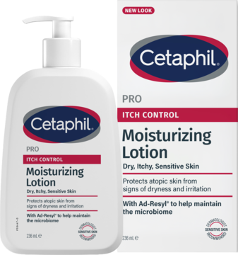 Cetaphil PRO Itch Control Moisturizing Lotion w białej butelce z pompką i pudełko z czerwonymi detalami, na suchą skórę.