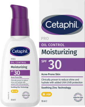 Cetaphil PRO OIL CONTROL Moisturizing SPF 30. Biała butelka z pompką i pudełko. Matujący krem dla cery trądzikowej.