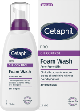 Cetaphil PRO Oil Control Foam Wash 236ml, biała butelka z pompką obok pudełka, dla cery trądzikowej.