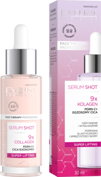 Eveline Serum Shot 9x COLLAGEN SUPER LIFTING, różowa butelka z pipetą i pudełko obok.
