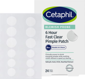 Cetaphil Pimple Patch Blemish Prone, białe opakowanie 24 sztuki Fast Clear. Obok widoczny arkusz okrągłych plastrów.