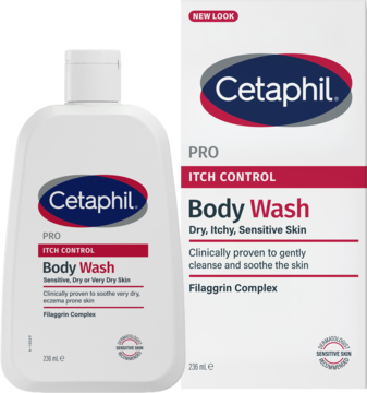 Cetaphil PRO Itch Control Body Wash dla skóry wrażliwej, biała butelka i pudełko z napisem "NEW LOOK".
