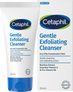 Cetaphil Gentle Exfoliating Cleanser, biała tubka i pudełko obok siebie. Złuszczający żel do twarzy dla wrażliwej skóry.