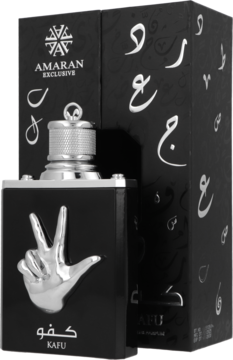 Woda perfumowana męska Amaran Exclusive Kafu, czarna butelka ze srebrną dłonią, obok pudełko z kaligrafią.