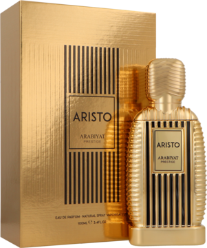 Aristo Arabiyat Prestige perfumy, złota butelka 100ml i pudełko z czarnymi pionowymi paskami, widok pod kątem.