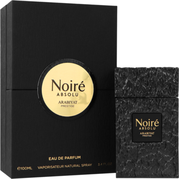 Arabiyat Prestige Noire Absolu 100ml: czarny teksturalny flakon wody perfumowanej, obok matowego pudełka z złotym logo.