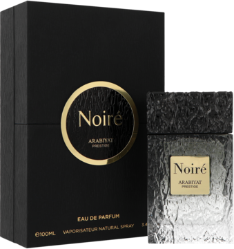 Arabiyat Prestige Noire woda perfumowana 100ml, czarne pudełko i butelka z teksturowaną złotą etykietą, widok z przodu.