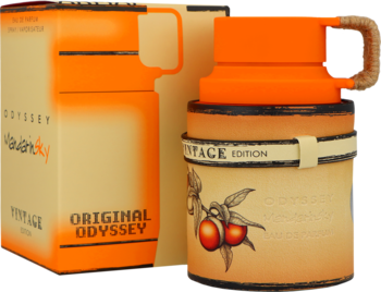 Armaf Odyssey Mandarin Sky Vintage Edition, butelka unisex perfum i pudełko, pomarańczowo-beżowe, z grafiką mandarynek.