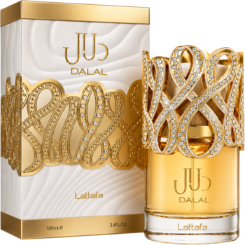Lattafa Dalal woda perfumowana. Złoty, ozdobny flakon z ornamentami i biało-złote pudełko, widok z przodu.