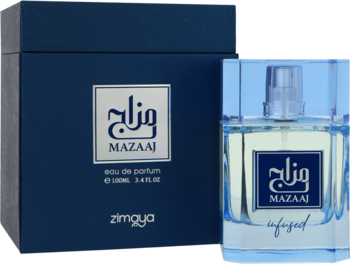 Zimaya Mazaaj Infused unisex woda perfumowana 100ml, niebieskie pudełko i szklana butelka, widok z przodu.