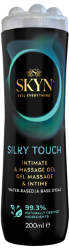 Czarna butelka SKYN Silky Touch, intymny żel do masażu, wodny, 200ml, widok z przodu ze złotym logo.