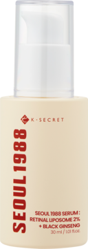 K-SECRET SEOUL 1988 SERUM z Retinal Liposome 2% i Black Ginseng w beżowej butelce z pompką, widok z przodu.
