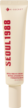 K-SECRET SEOUL 1988 eye cream, light beige tube with red text, contains Retinal Liposome and Fermented Bean.
