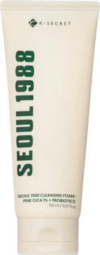 K-SECRET SEOUL 1988 Cleansing Foam w beżowej tubce z zielonymi napisami, Pine Cica + Probiotics, widok z przodu.