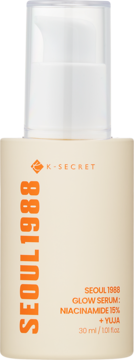 Seoul 1988 Glow Serum z 15% Niacinamide, beżowa butelka z pompką, widok z przodu.