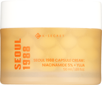 K-SECRET Seoul 1988 Capsule Cream z Niacinamide 5% i Yuja, w pomarańczowym słoiczku z białą nakrętką, widok z przodu.