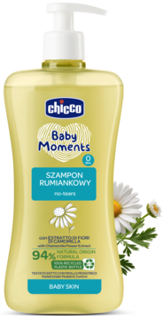 Chicco Baby Moments szampon rumiankowy 0m+ w żółtej butelce z pompką, widok z przodu z rumiankiem.