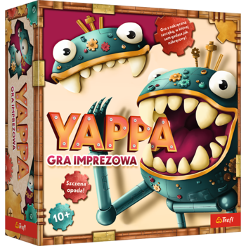 Pudełko gry imprezowej Yappa z rysunkowymi, zielonymi potworami i napisem Yappa 10+, widok z przodu.