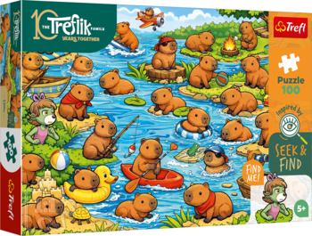 Trefl puzzle 100 elementów, wesołe kapibary w rzece, z elementami 'Seek & Find', widok na pudełko.