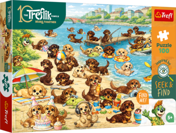 Pudełko puzzli Trefl 100 elem. 'Seek & Find' z obrazkiem uroczych jamników bawiących się na plaży i w wodzie.