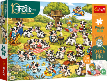 Trefl Puzzle Seek & Find 100 elementów, wesołe krowy na farmie, widok pudełka z przodu.