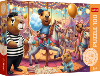 Pudełko 100-elementowych puzzli z kapibarami na karuzeli, wesołe miasteczko. Brązowe opakowanie, widok z przodu.