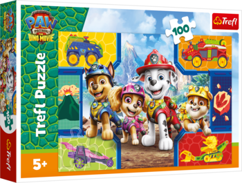 Pudełko Trefl Puzzle Paw Patrol Dino Rescue 100 el., Chase, Marshall, Skye na tle dżungli i dinozaurów.