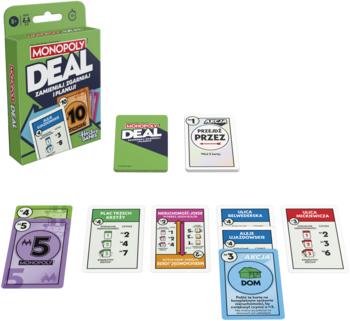 Monopoly Deal gra karciana z zielonym pudełkiem, widok na rozłożone karty nieruchomości, akcji i pieniędzy.