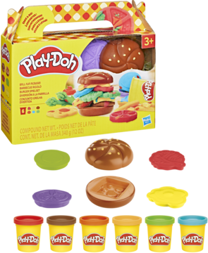 Play-Doh Zestaw Małe Przysmaki z Grilla z żółtym pudełkiem i 6 pojemnikami ciastoliny, akcesoria do burgerów.