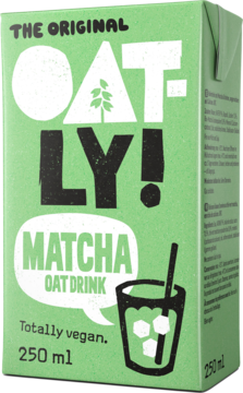 Zielony karton Oatly! Matcha Oat Drink 250ml, widok z przodu, z ilustracją napoju i napisem 'Totally vegan'.
