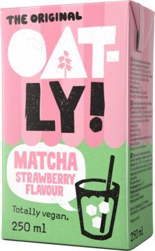 Różowo-zielony karton napoju owsianego Oatly! Matcha Strawberry Flavour 250ml, z ilustracją, widok przód-bok.