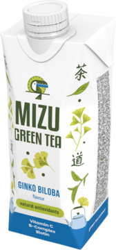 Karton Mizu Green Tea Ginkgo Biloba, biały z zielonym napisem i liśćmi miłorzębu, widok z przodu pod kątem.