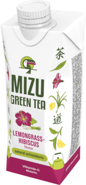 Mizu Green Tea Lemongrass-Hibiscus, biały karton z grafiką kwiatu hibiskusa, trawy cytrynowej i czajnika, widok z przodu.