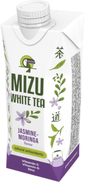 Biały karton Mizu White Tea Jasmine-Moringa z zielonym logo tukana, fioletowe kwiaty, widok z przodu.