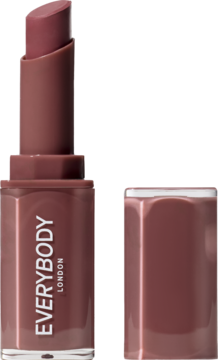Pomadka EVERYBODY LONDON w kolorze dusty rose, z wysuniętym matowym wkładem i otwartą nakrętką obok.