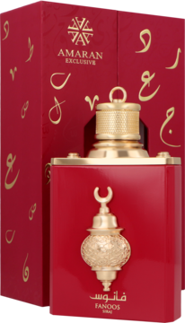 Czerwona butelka Amaran Exclusive Fanoos Siraj unisex perfum ze złotym lampionem i częściowo widocznym pudełkiem.