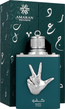 Amaran Exclusive Kafu Al Nasr woda perfumowana męska, ciemnozielona butelka ze srebrnym znakiem V, obok pudełka.