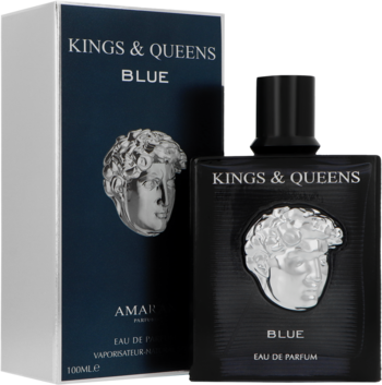 Amaran Kings & Queens Blue EDP 100ml, ciemnoniebieska butelka i pudełko ze srebrną rzeźbą głowy, widok z przodu.