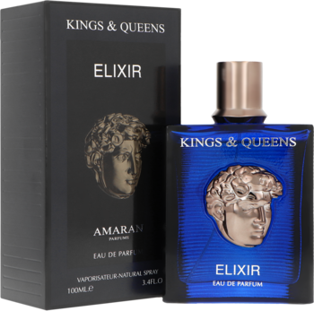 Amaran Kings & Queens Elixir woda perfumowana 100ml. Niebieska butelka z metalicznym emblematem, obok czarne pudełko.