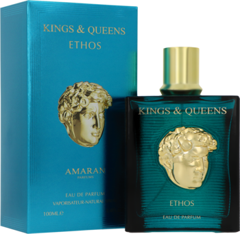 Amaran Kings & Queens Ethos perfumy, butelka i pudełko, turkusowe ze złotym, klasycznym popiersiem.