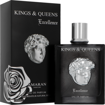 Perfumy męskie Amaran Kings & Queens Excellence: czarny flakon i pudełko z srebrną rzeźbą głowy.