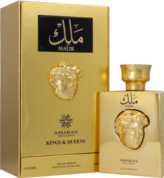 Amaran Kings & Queens Malik Eau de Parfum 100 ml, złoty flakon obok pudełka, z detalami głowy w reliefie.
