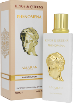 Amaran Kings & Queens Phenomena woda perfumowana, biała butelka ze złotą, wypukłą głową kobiety, widok przód-bok.