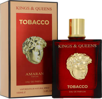 Perfumy Amaran Kings & Queens Tobacco EDP w ciemnoczerwonej butelce z złotym popiersiem i beżowym pudełkiem.