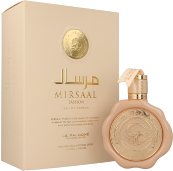Le Falcone Mirsaal Passion 100ml EDP: beżowa butelka i pudełko ze złotymi detalami, ujęcie z przodu.