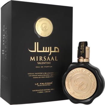 Czarne pudełko i owalna butelka perfum unisex Le Falconé Mirsaal Valentine ze złotym logo, widok z przodu.