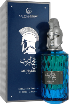 Le Falcone Muharib Hero męski ekstrakt perfum. Niebieska butelka z hełmem Spartanina, obok pudełko 85ml.