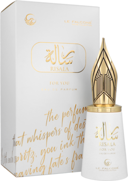 Le Falcone Risala For You Eau de Parfum, biały flakon ze złotą ozdobną nakrętką i pudełko, widok z boku.