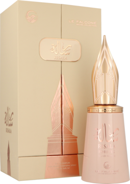 Le Falcone Risala Forever Eau de Parfum 100 ml, jasnoróżowy flakon ze złotą, ozdobną nakrętką i otwarte beżowe pudełko.