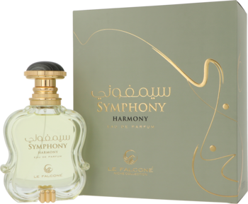 Le Falcone Symphony Harmony EDP 100ml: Butelka z złotą nakrętką na tle zielonego pudełka ze złotym wzorem.